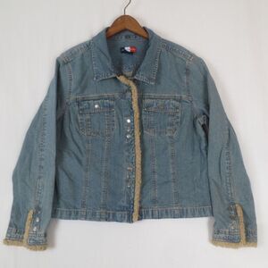 French Cuff Denim Jean Jacket Womens XL Blue Snap Up Sherpa Trim